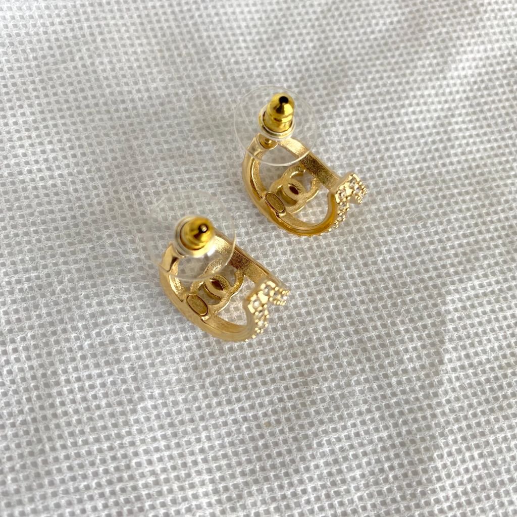 Chanel Crystal curved Gold CC half hoop earrings - BOPF | Business of Preloved Fashion