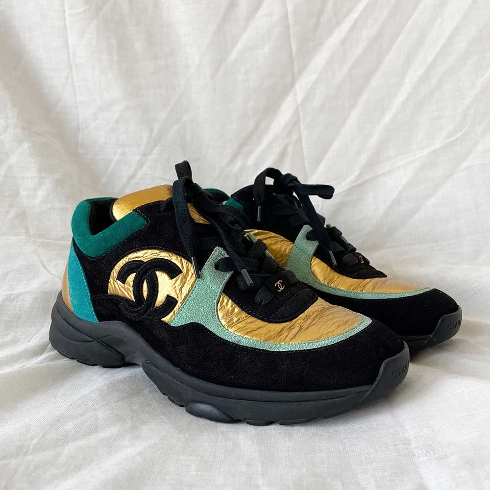 Chanel Fabric & Suede Calfskin Black, Turquoise & Gold Sneakers , 37.5 - BOPF | Business of Preloved Fashion
