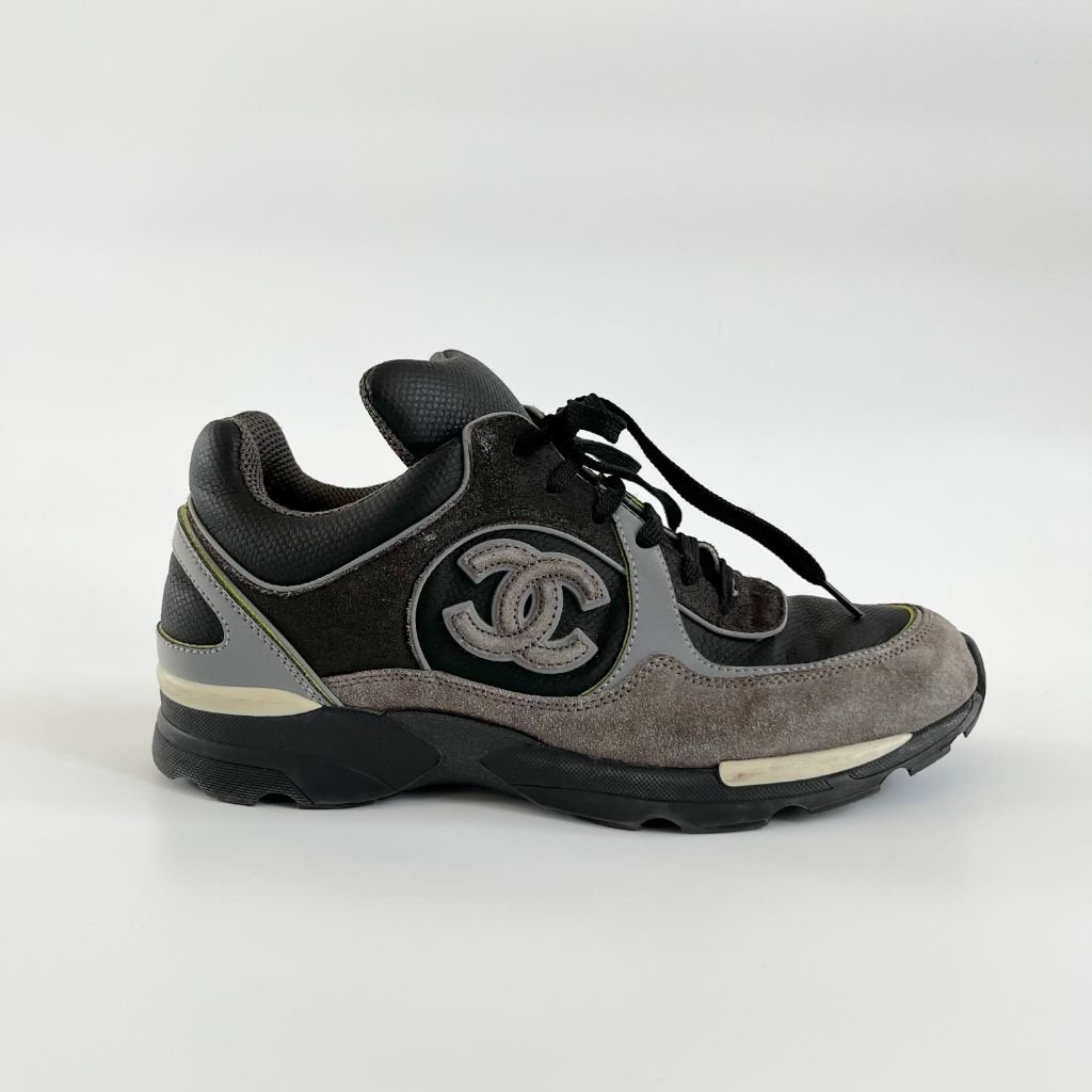 Chanel Grey and Black Lace Up Sneakers with CC on the side, 38 - BOPF