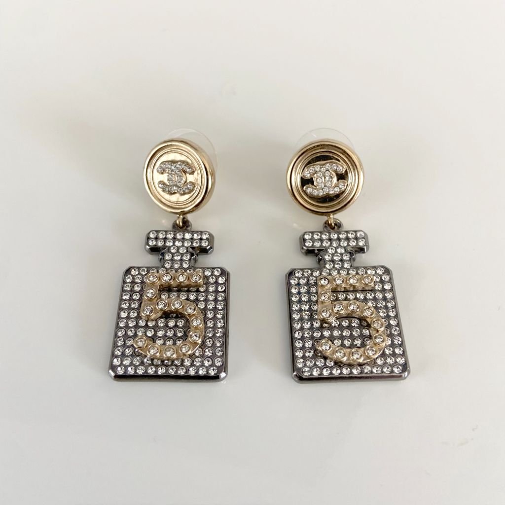 Chanel No. 5 Bottle Grey and Gold With Crystals Earrings - BOPF | Business of Preloved Fashion