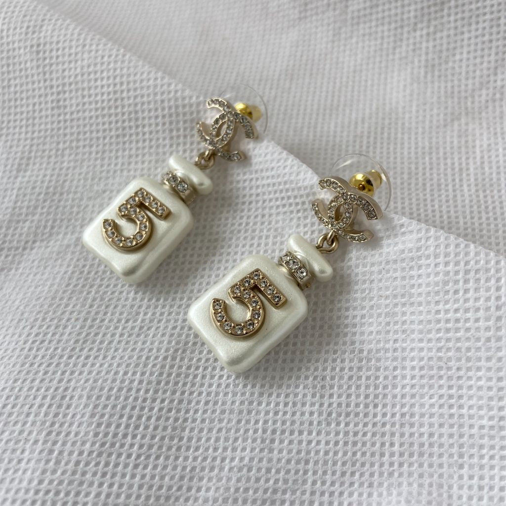 Chanel Pearl Resin Crystal CC No 5 Perfume Bottle Drop Earrings Gold Pearly White - BOPF | Business of Preloved Fashion