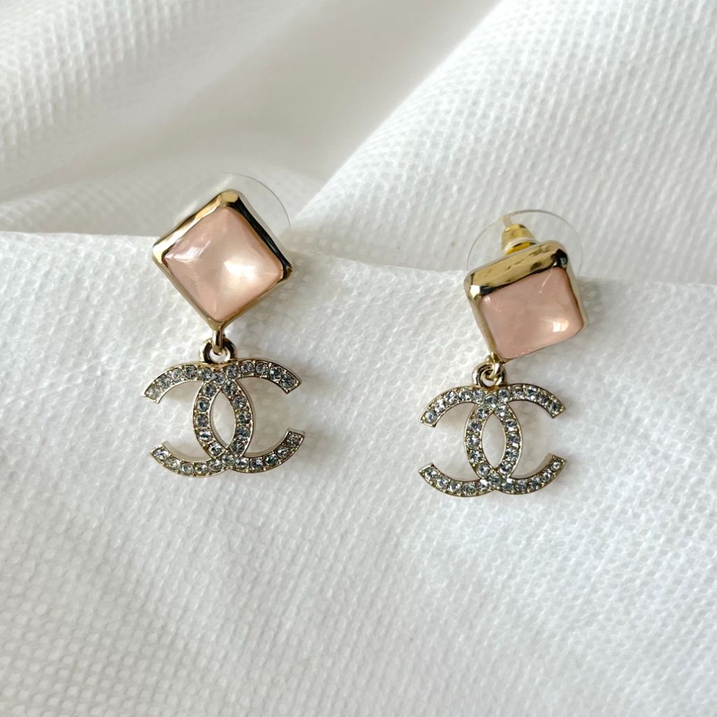 Chanel Goldtone Metal Crystal CC Pink Gemstone Drop Earrings - Yoogi's  Closet
