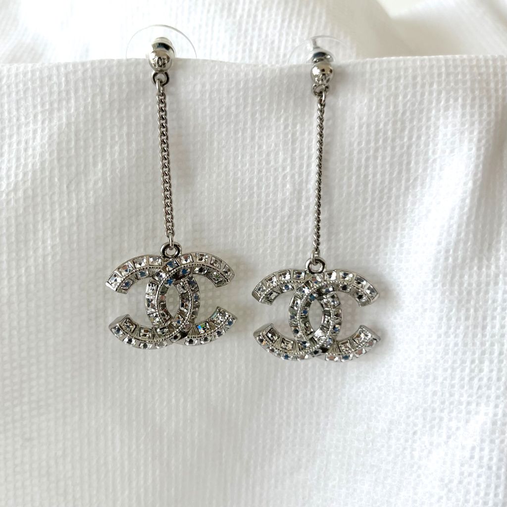 Chanel Silver Iconic Large Cc Logo Crystal Chain Drop Earrings