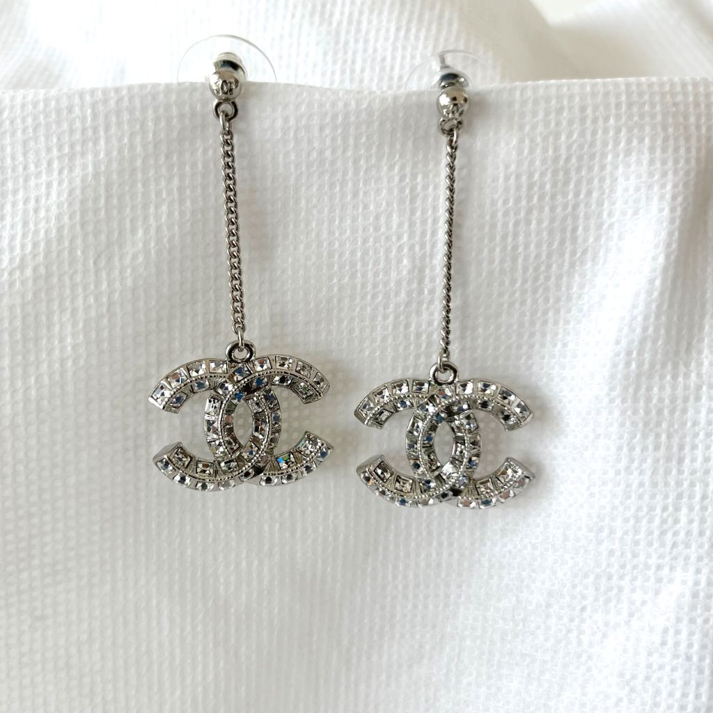 Chanel Silver Iconic Large Cc Logo Crystal Chain Drop Earrings - BOPF | Business of Preloved Fashion