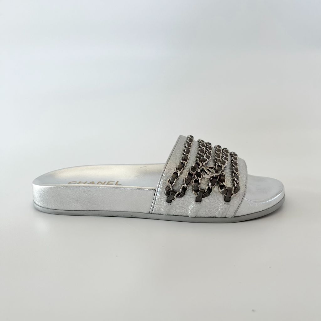 Chanel Silver Leather Tropiconic Chain Detail Flat Sandals, 38 - BOPF | Business of Preloved Fashion
