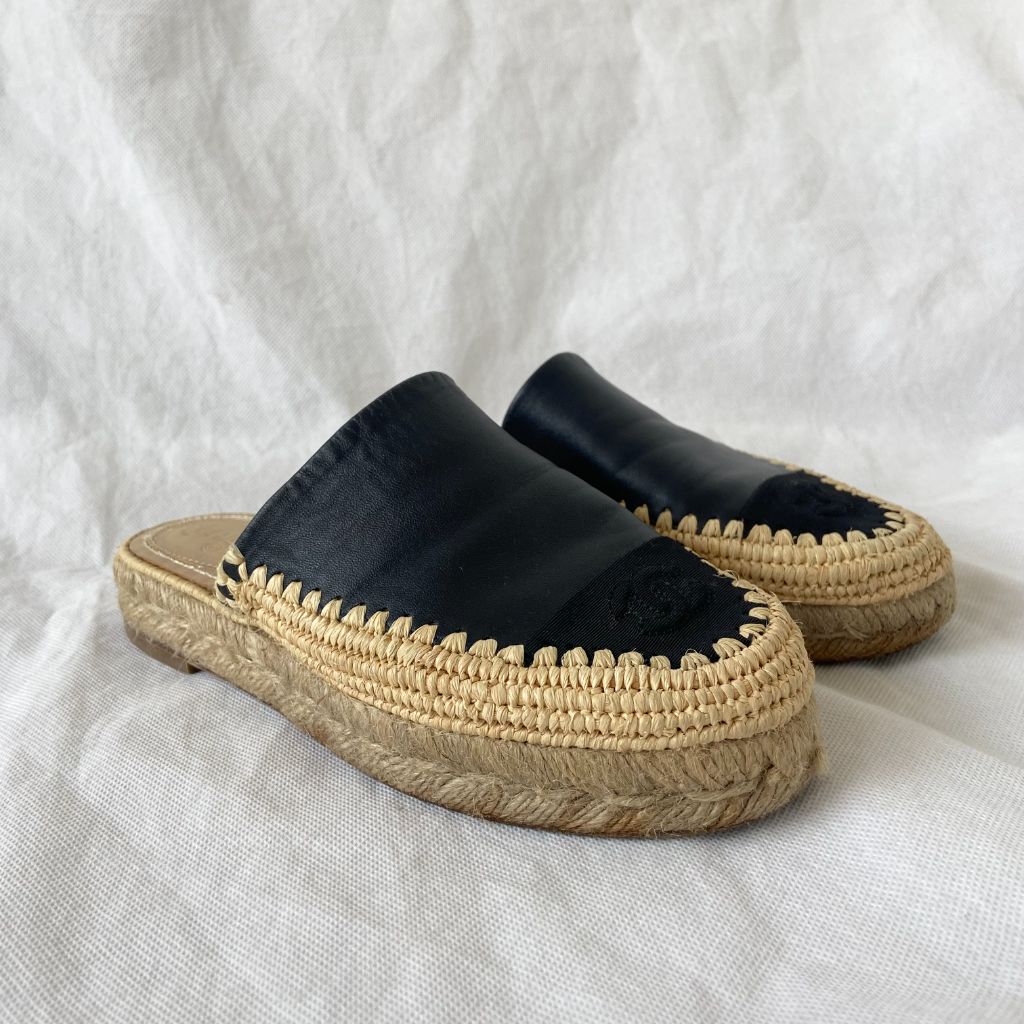 Chanel woven espadrille mules with black leather and CC stitch