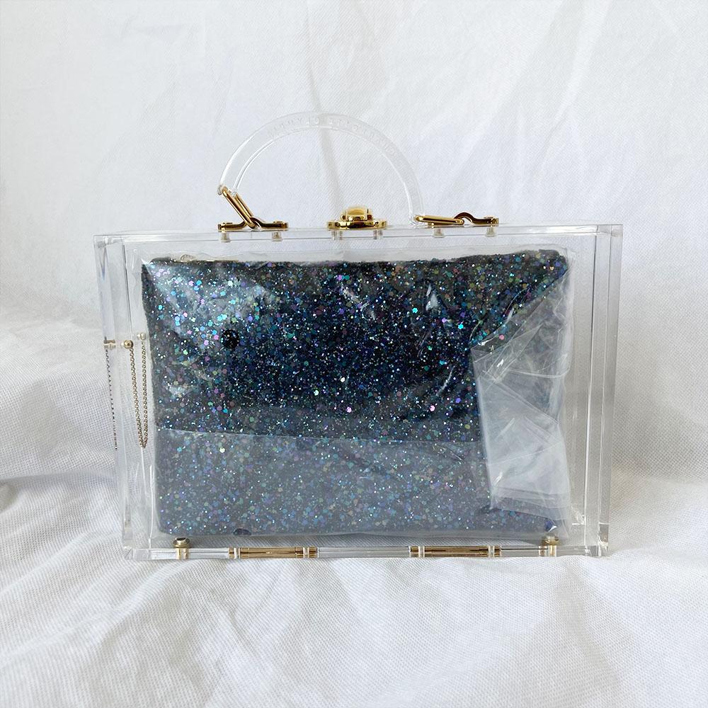 Charlotte Olympia clear acrylic box clutch with blue glittery zip pouch - BOPF | Business of Preloved Fashion