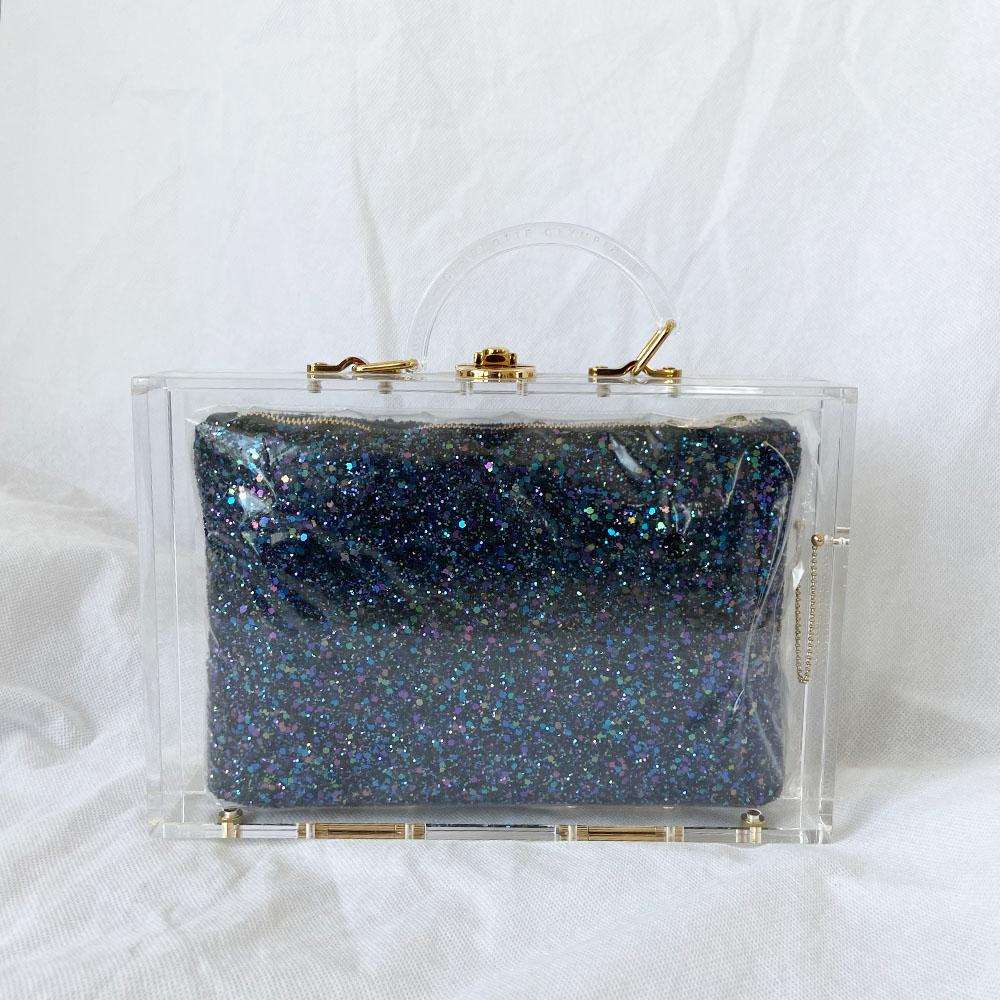 Charlotte Olympia clear acrylic box clutch with blue glittery zip pouch - BOPF | Business of Preloved Fashion
