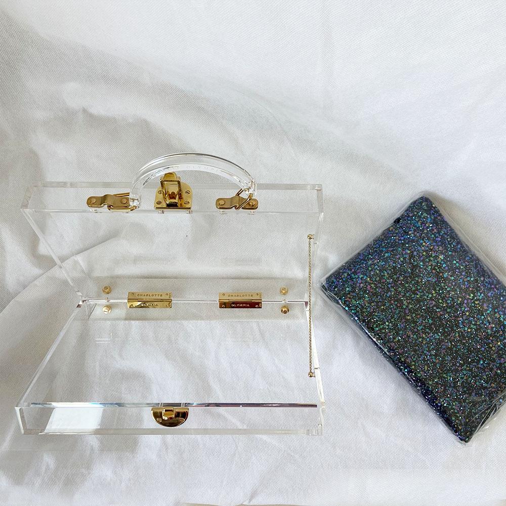 Charlotte Olympia clear acrylic box clutch with blue glittery zip pouch - BOPF | Business of Preloved Fashion
