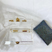 Charlotte Olympia clear acrylic box clutch with blue glittery zip pouch - BOPF | Business of Preloved Fashion