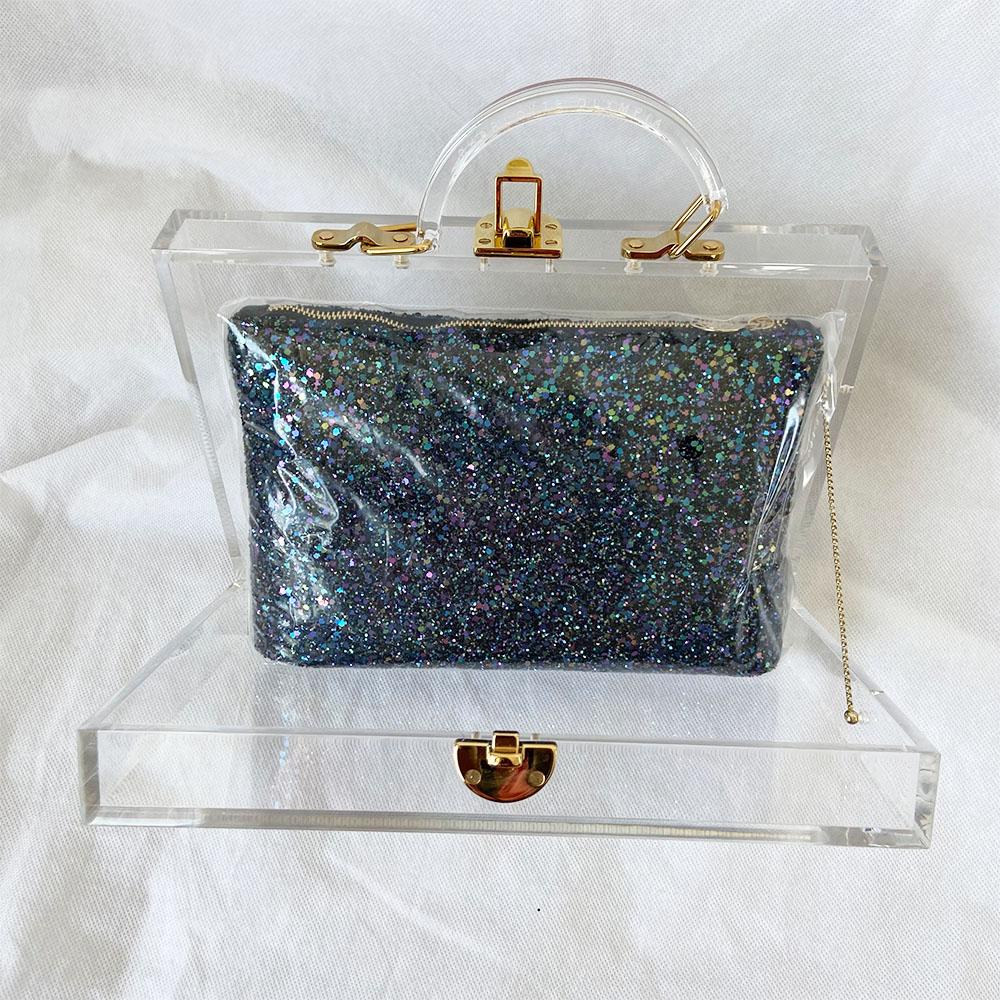 Charlotte Olympia clear acrylic box clutch with blue glittery zip pouch - BOPF | Business of Preloved Fashion