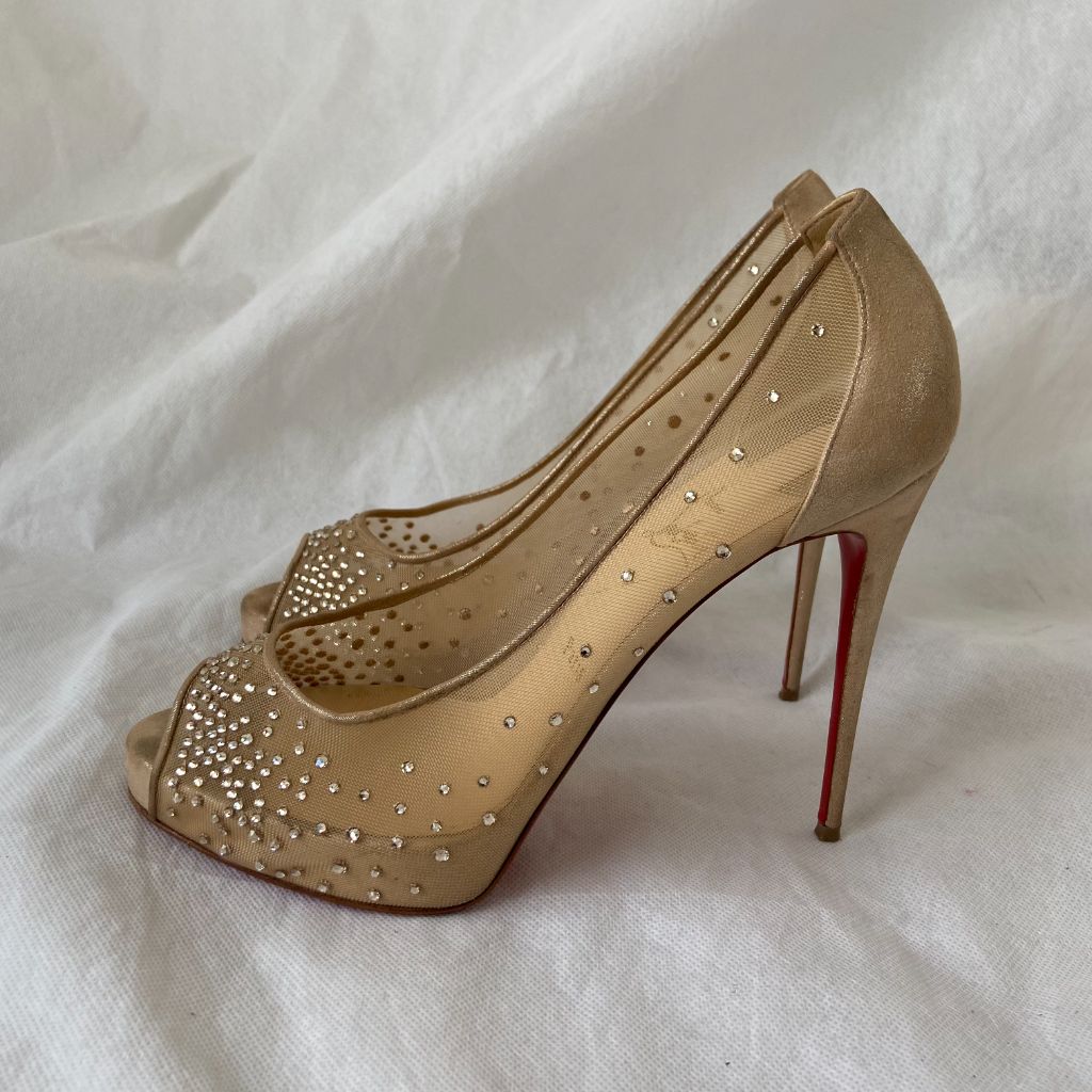 Christian Louboutin Beige Suede and PVC Very Strass Platform Peep
