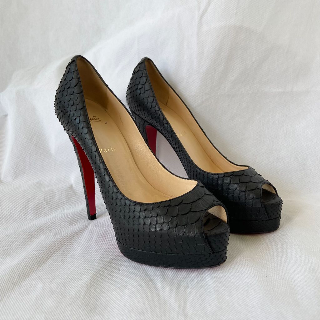 Christian Louboutin Black Python Peep-Toe Platform Pumps, 38.5 - BOPF | Business of Preloved Fashion