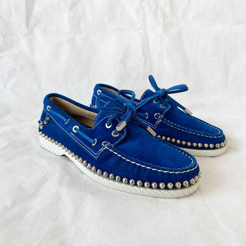 Christian Louboutin Blue Suede Steckel Spiked Loafers, 37.5 - BOPF | Business of Preloved Fashion Christian Louboutin Blue Suede Steckel Spiked Loafers, 37.5 - BOPF | Business of Preloved Fashion