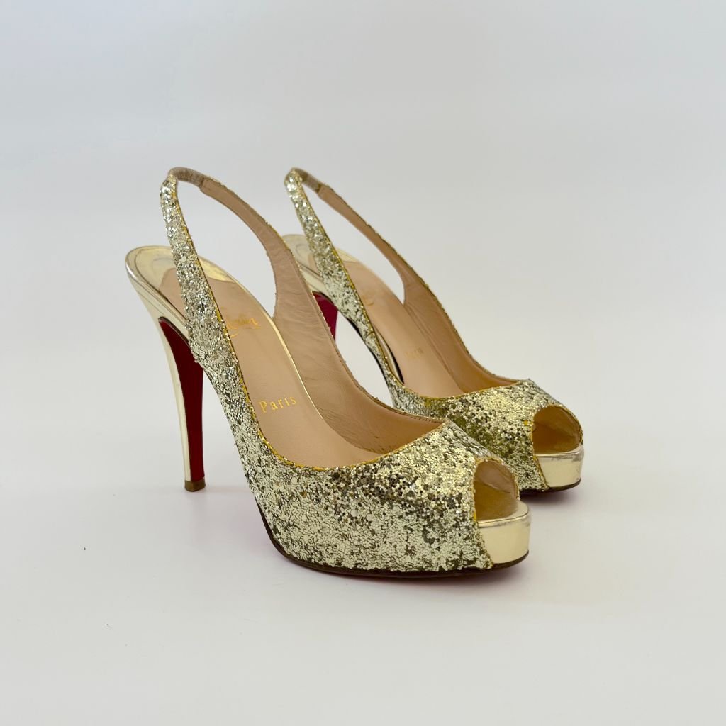 Christian Louboutin Gold Glitter Peep Toe Sling Back Pumps,