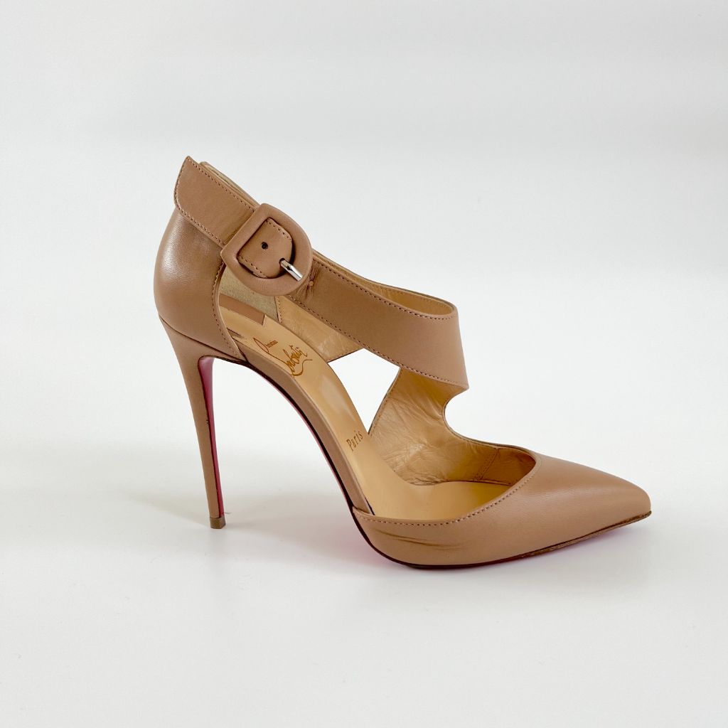 Christian Louboutin Nude Leather Pointed Toe Pumps With Side Buckle, 37.5 - BOPF | Business of Preloved Fashion