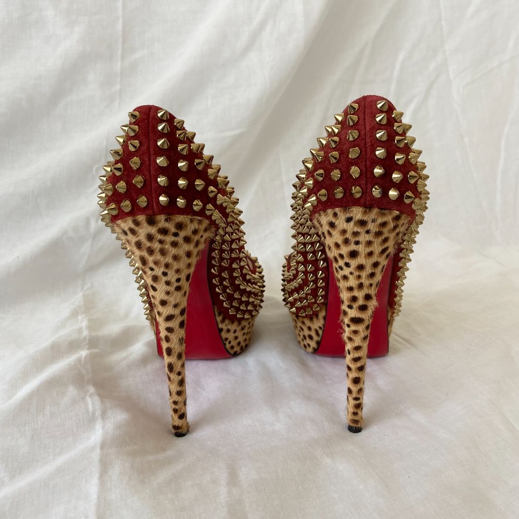 Christian Louboutin Suede and Leopard Print Calf Hair Spiked Platform Pumps, 38.5 - BOPF | Business of Preloved Fashion
