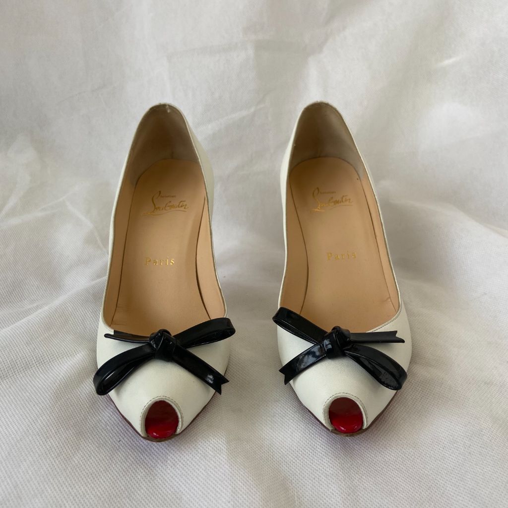 Christian Louboutin White Leather Tibunodo Bow Peep Toe Pumps, 36.5 - BOPF | Business of Preloved Fashion