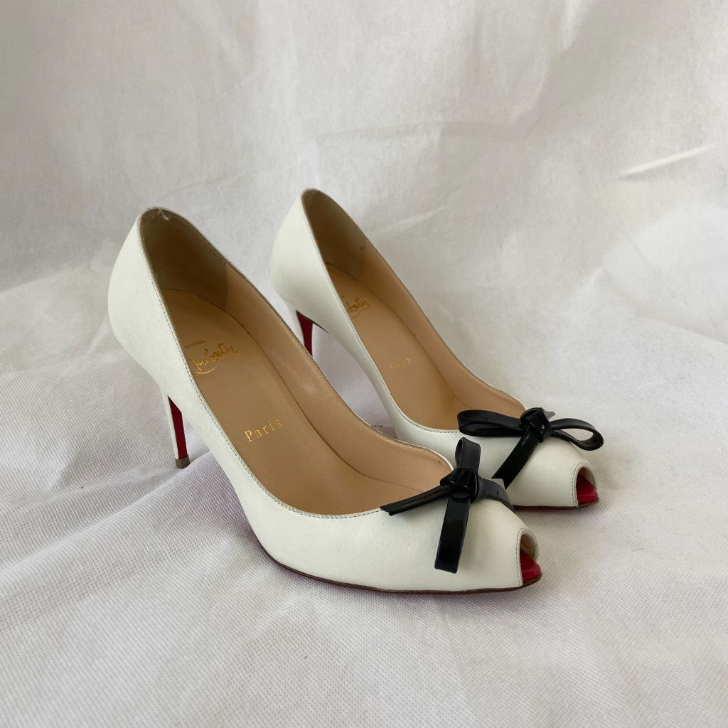 Christian Louboutin White Leather Tibunodo Bow Peep Toe Pumps, 36.5 - BOPF | Business of Preloved Fashion