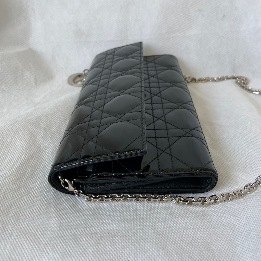 Dior black leather cannage patent leather flap wallet on chain - BOPF | Business of Preloved Fashion