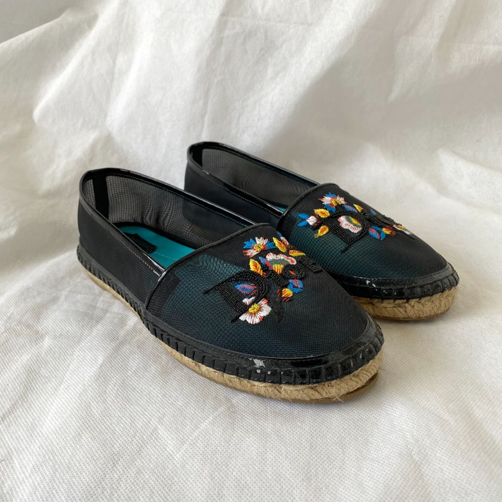 Dior Black Mesh Riviera Embroidered Flat Espadrilles, 38.5 - BOPF | Business of Preloved Fashion