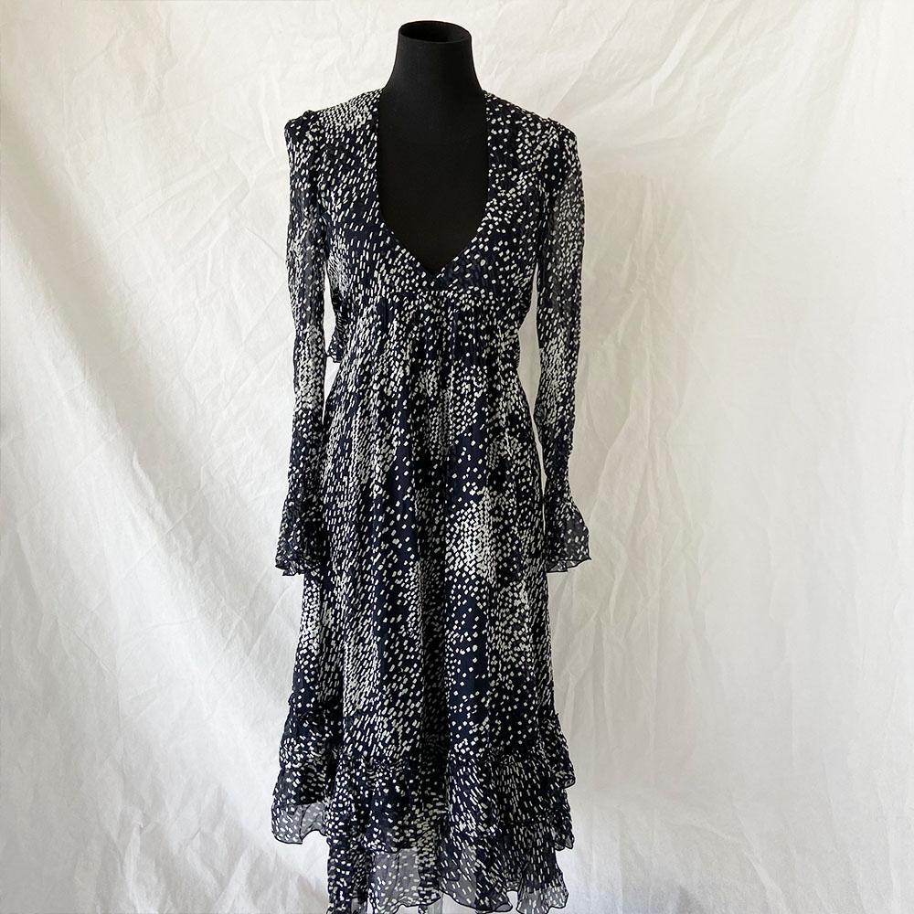 DVF dark blue white speckle printed flowy ruffle wrap dress - BOPF | Business of Preloved Fashion DVF dark blue white speckle printed flowy ruffle wrap dress - BOPF | Business of Preloved Fashion