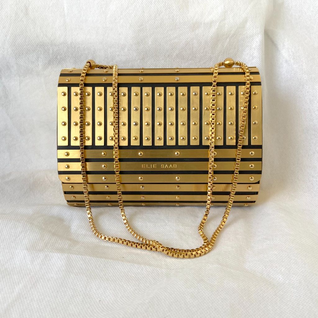 Elie Saab gold metal applique flap clutch with chain - BOPF | Business of Preloved Fashion