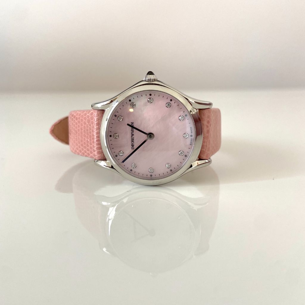 Emporio Armani Pink Swiss Slim Ladies Steel Diamond Lizard Strap Watch