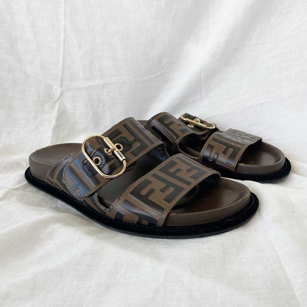 Fendi Brown Leather FF Buckle Slide Sandals, 38 BOPF Business