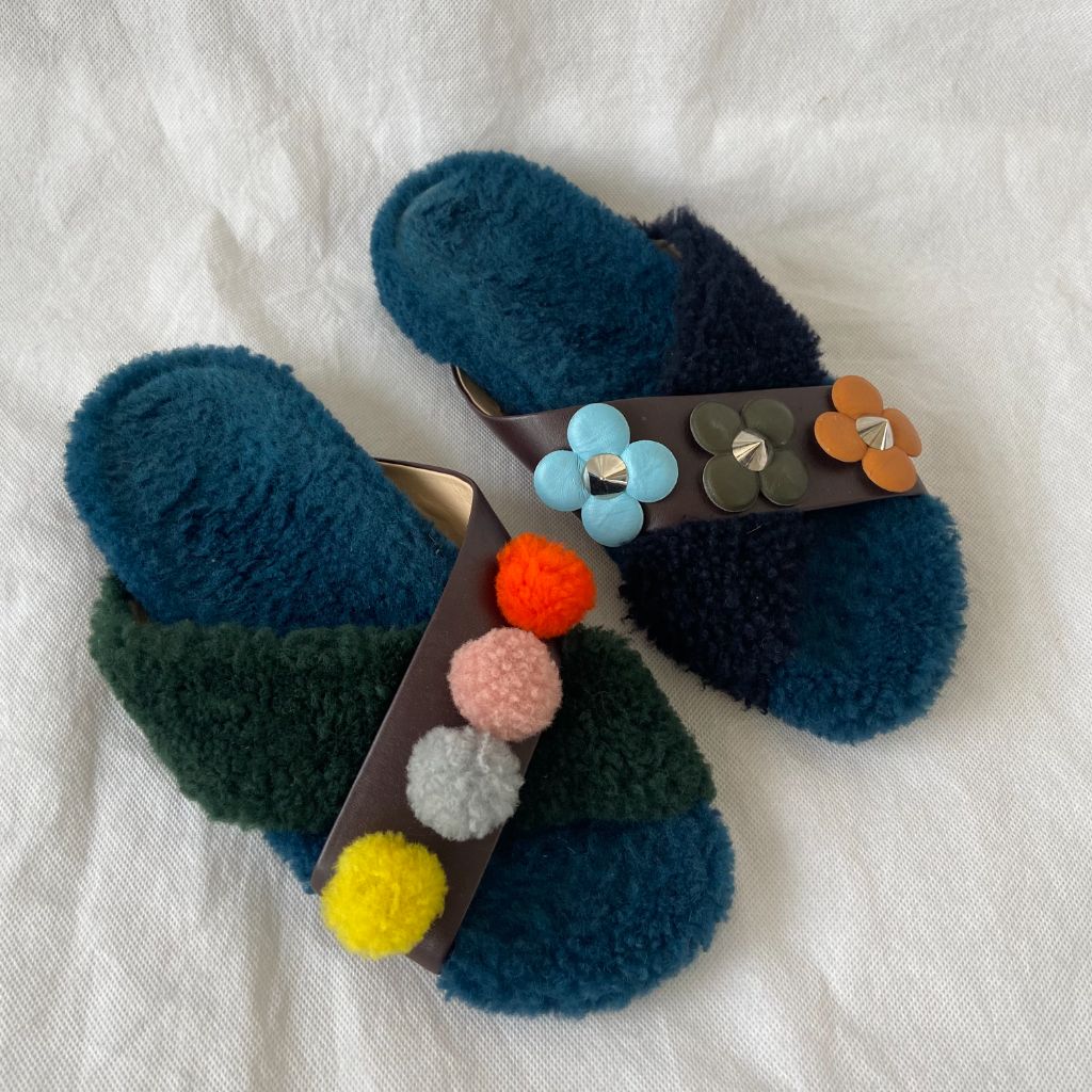 Fendi fur criss cross slides with pom pom embellishments and floral applique, 38 - BOPF | Business of Preloved Fashion