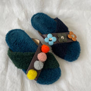 Fendi fur criss cross slides with pom pom embellishments and floral applique, 38 - BOPF | Business of Preloved Fashion