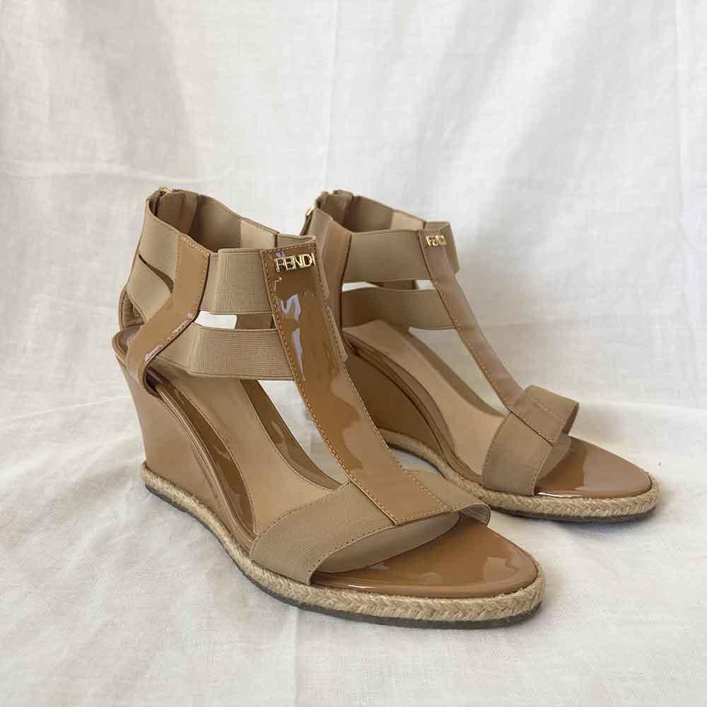 Fendi Nude Patent Leather Wedge Sandals, 37 - BOPF | Business of Preloved Fashion