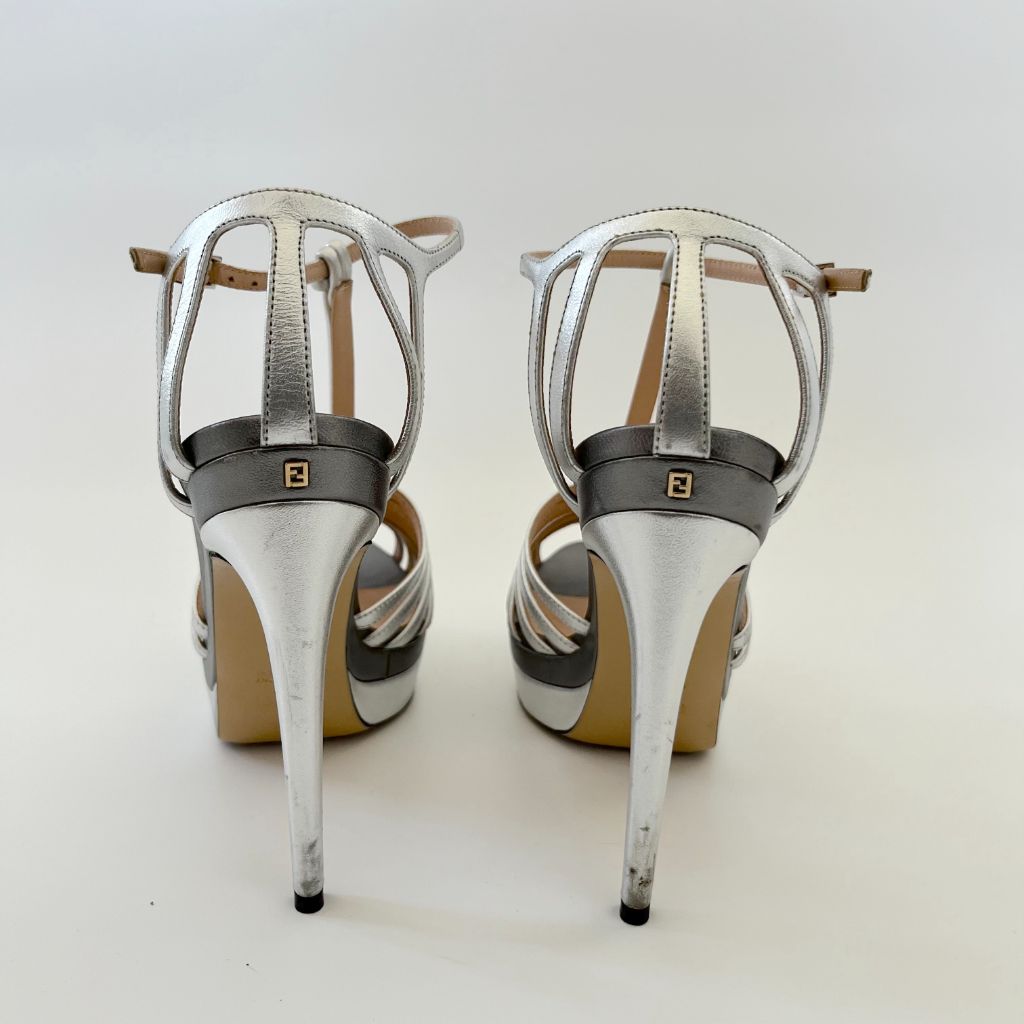 Fendi Silver Leather Cage Peep Toe Ankle Strap Sandals, 38 - BOPF