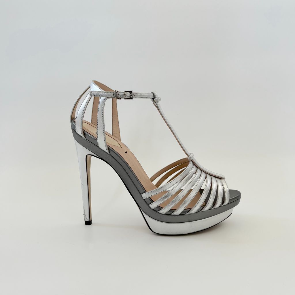 Fendi Silver Leather Cage Peep Toe Ankle Strap Sandals, 38 - BOPF | Business of Preloved Fashion