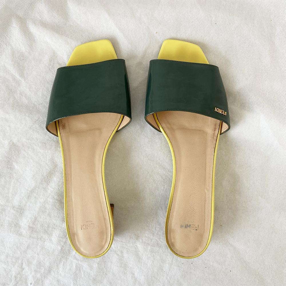 Fendi square toe slides green and yellow, 40 - BOPF | Business of Preloved Fashion