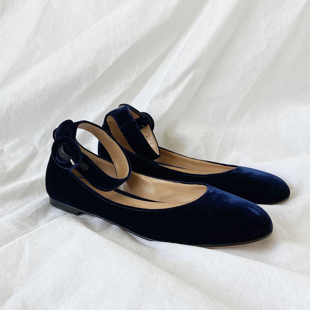 Mary Jane Velvet Ankle Strap Flats Blue Velvet Ballerinas With Strap
