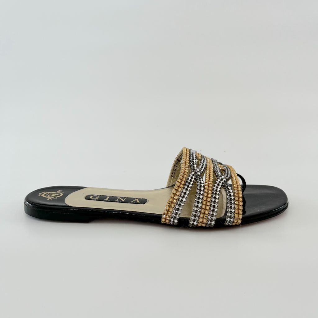 Gina Black Patent Leather Silver and Gold Crystal Embellished Crisscross Slide Flats, UK 5.5 - BOPF | Business of Preloved Fashion