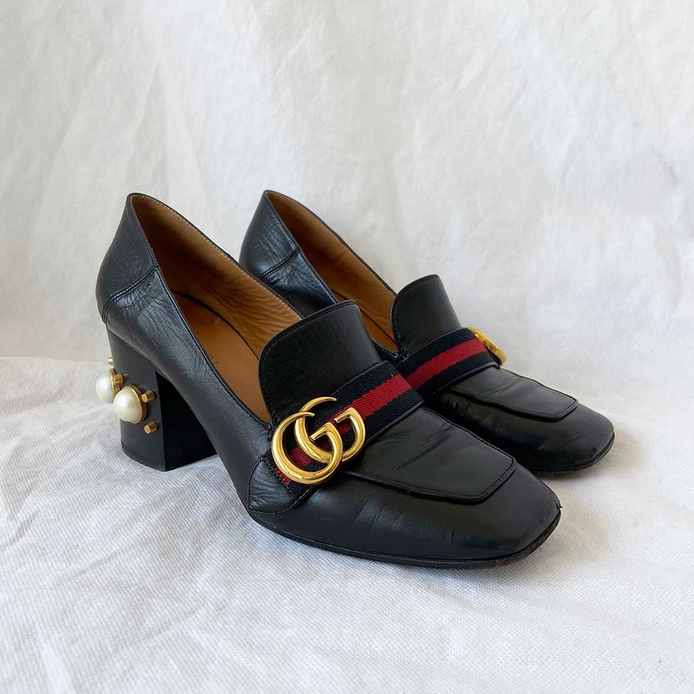 Gucci Black Leather Mid-heel Loafer with Pearl & Studs, Luxury, Sneakers &  Footwear on Carousell