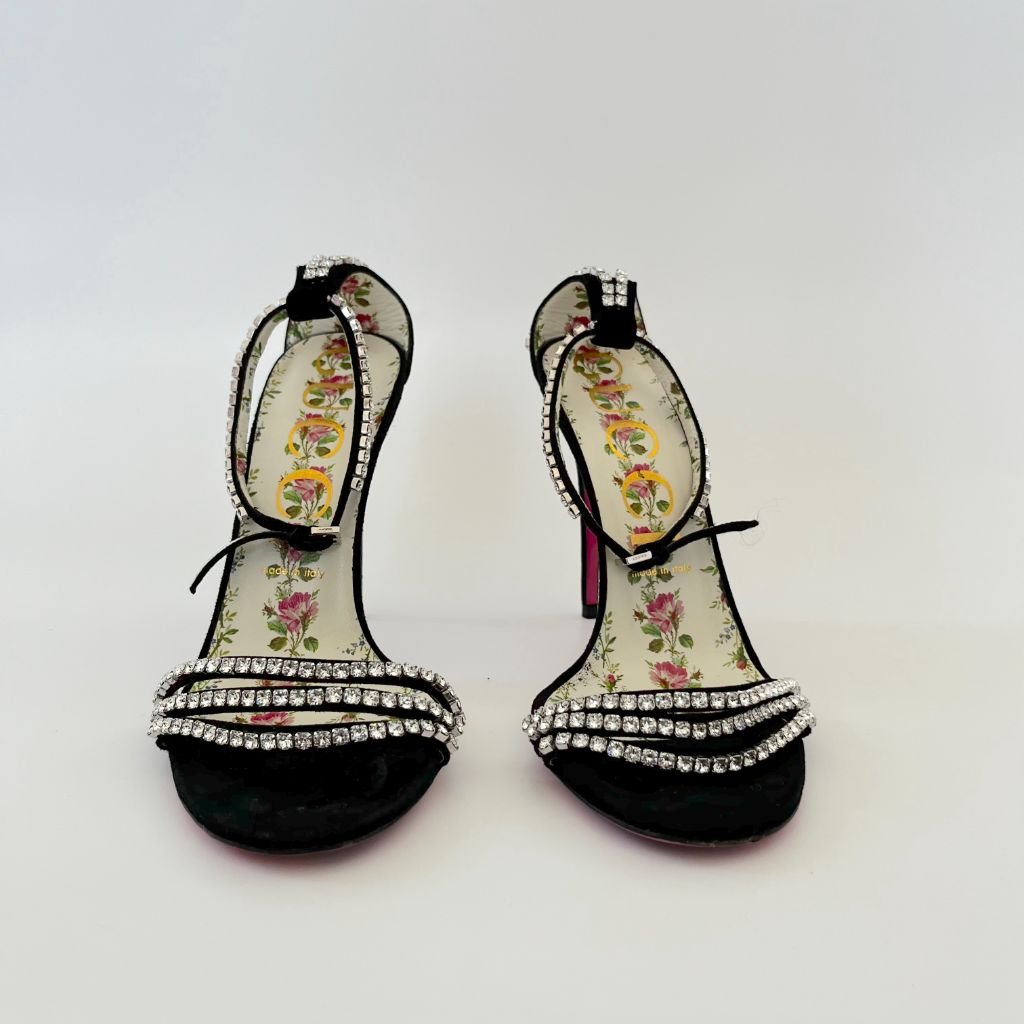 Gucci Black Suede Crystal Embellished Ankle Strap Sandals, 39 - BOPF | Business of Preloved Fashion