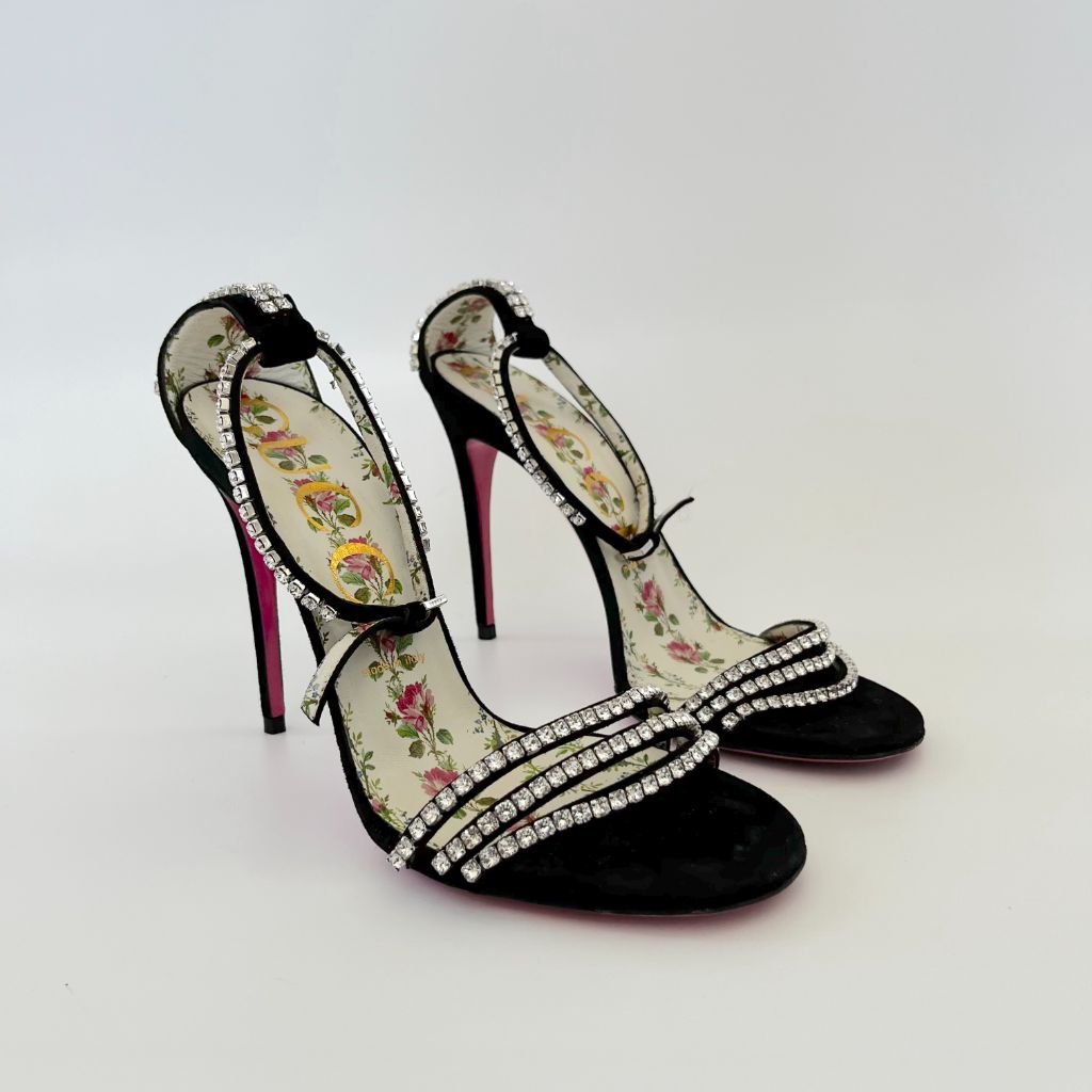Gucci Black Suede Crystal Embellished Ankle Strap Sandals, 39 - BOPF | Business of Preloved Fashion