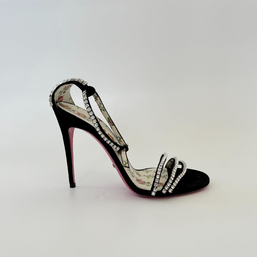 Gucci Black Suede Crystal Embellished Ankle Strap Sandals, 39 - BOPF | Business of Preloved Fashion
