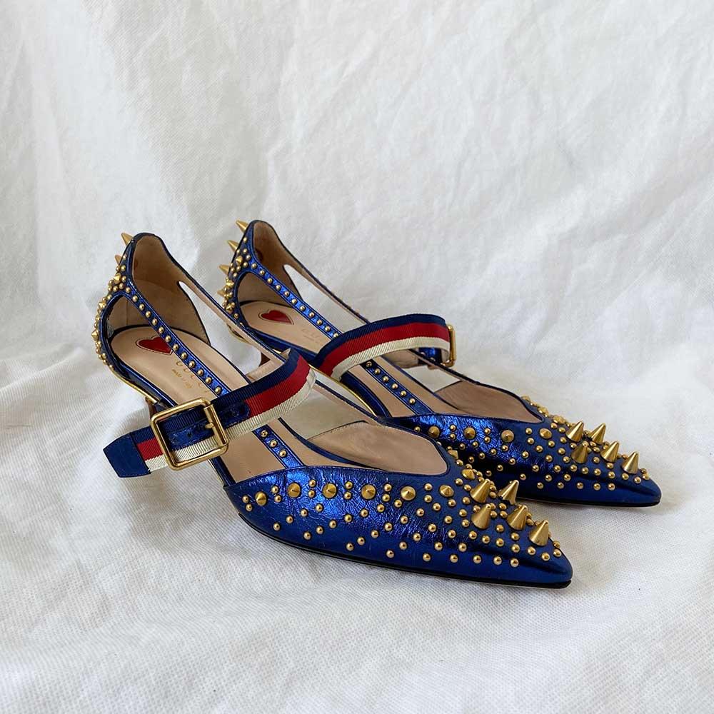 Gucci Blue Leather Unia Studded Buckle Strap Pointed Toe Pumps, 39 - BOPF | Business of Preloved Fashion