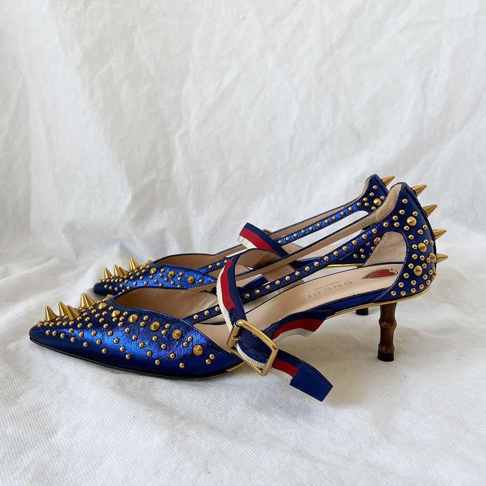 Gucci Blue Leather Unia Studded Buckle Strap Pointed Toe Pumps, 39 - BOPF | Business of Preloved Fashion