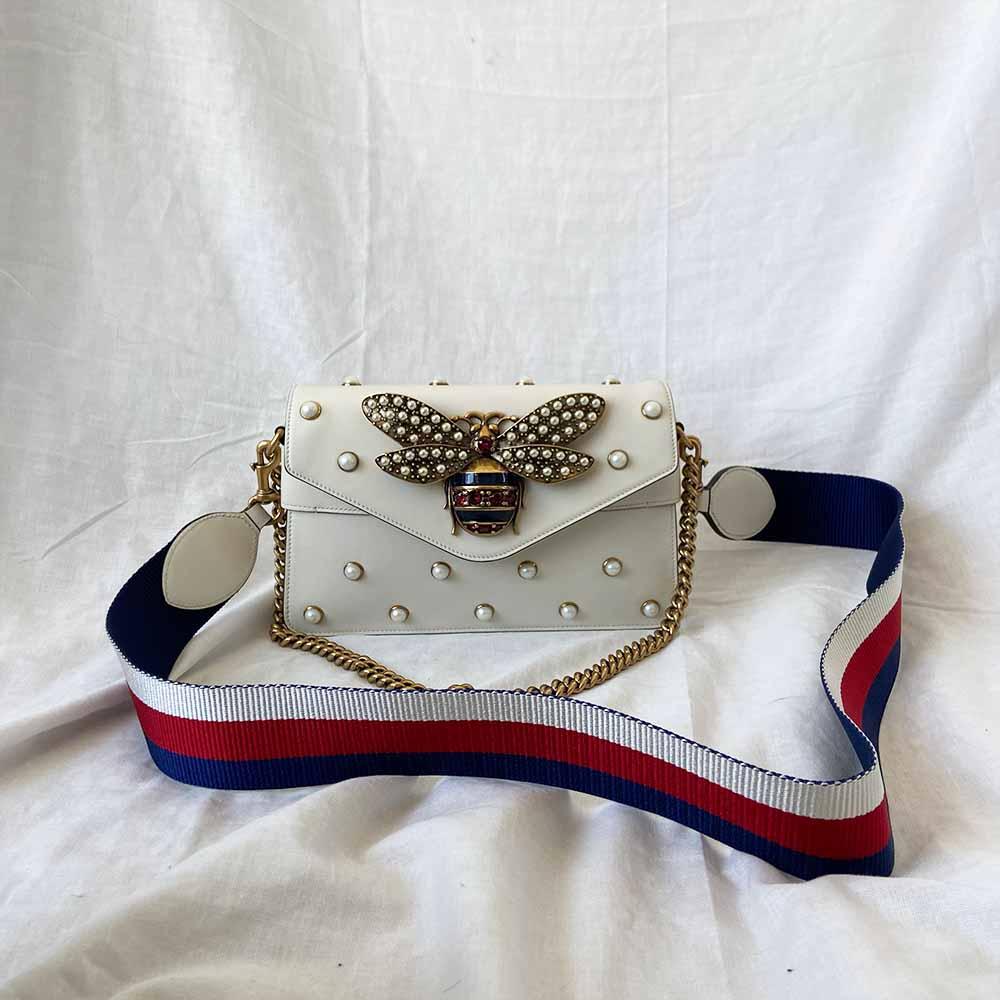 Gucci Off White Leather Broadway Pearly Bee Shoulder Bag - BOPF