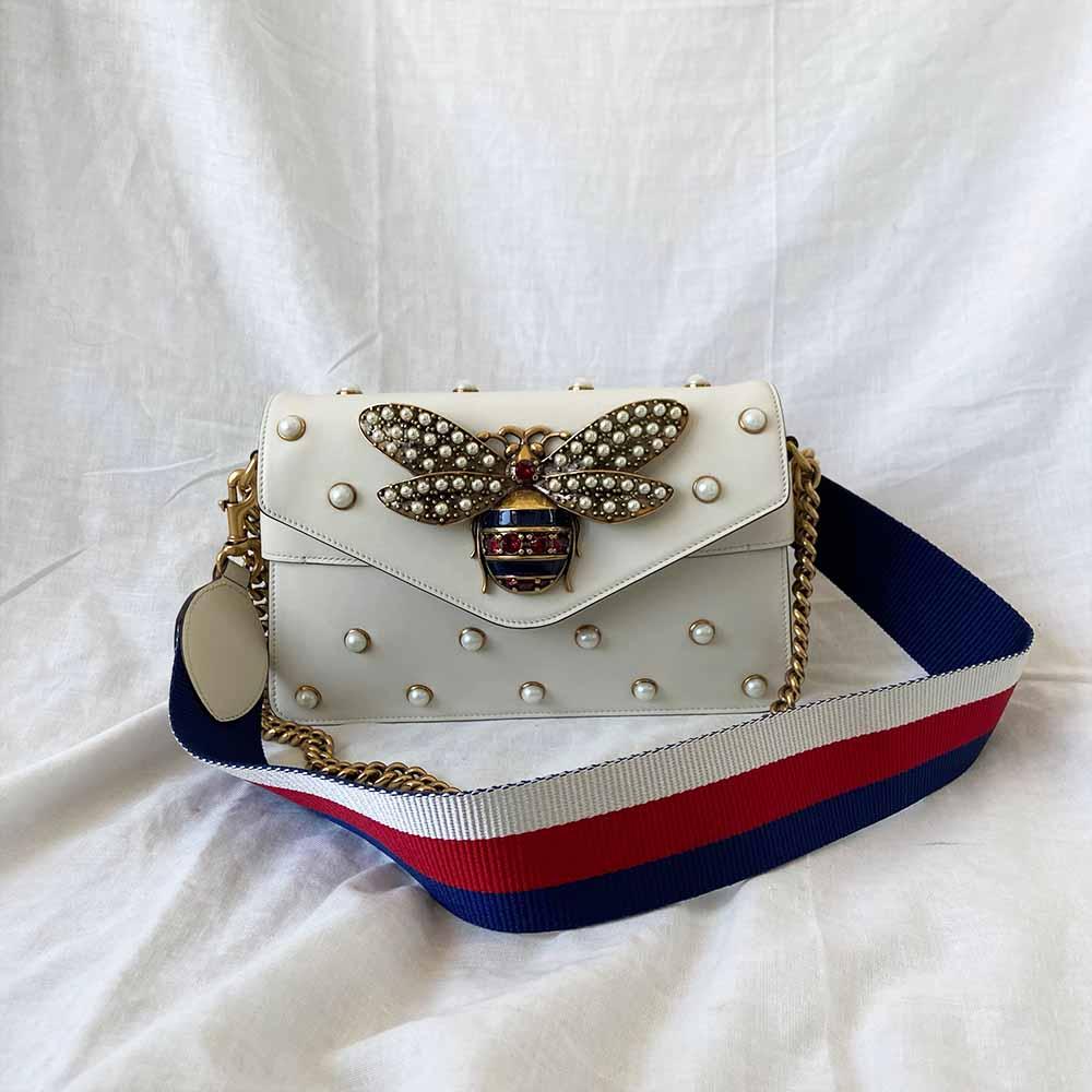 Gucci Off White Leather Broadway Pearly Bee Shoulder Bag - BOPF | Business of Preloved Fashion