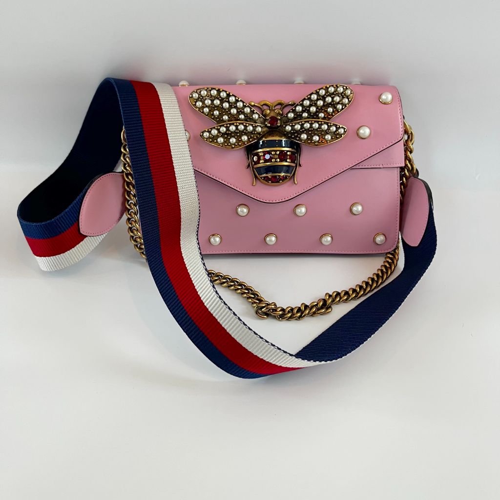 gucci pink leather broadway pearly bee shoulder bag