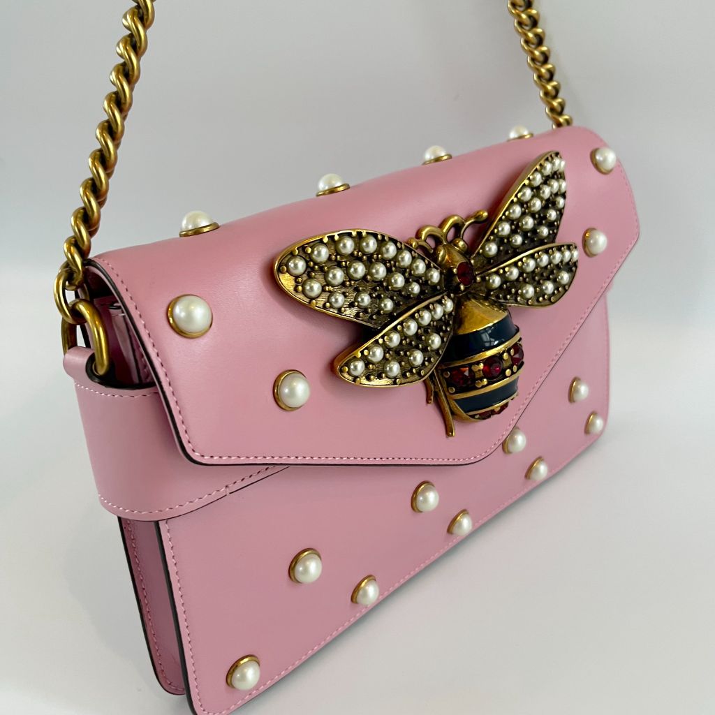 Gucci Pink Leather Broadway Pearly Bee Shoulder Bag BOPF