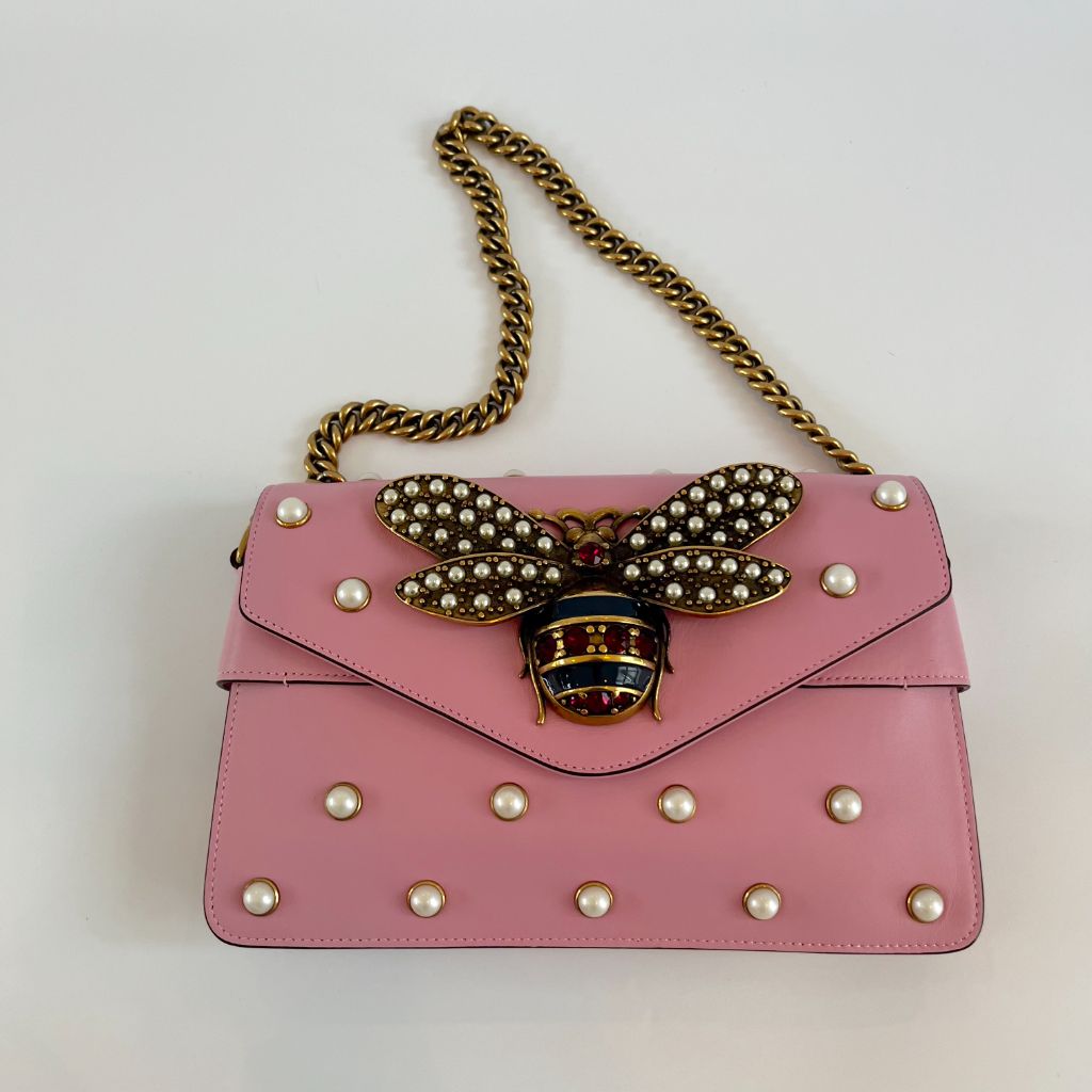 Gucci Pink Leather Broadway Pearly Bee Shoulder Bag - BOPF | Business of Preloved Fashion