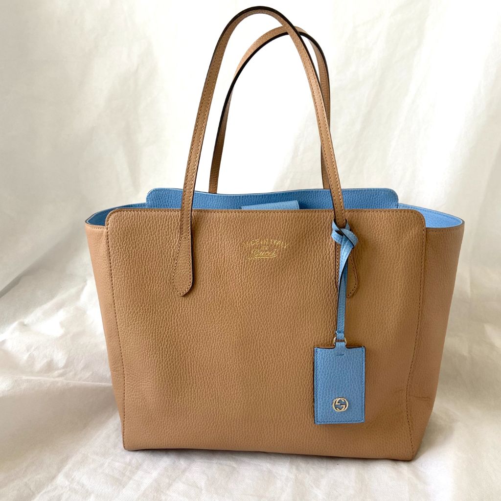 Gucci Tan and Blue Leather Swing Tote Bag - BOPF | Business of Preloved Fashion