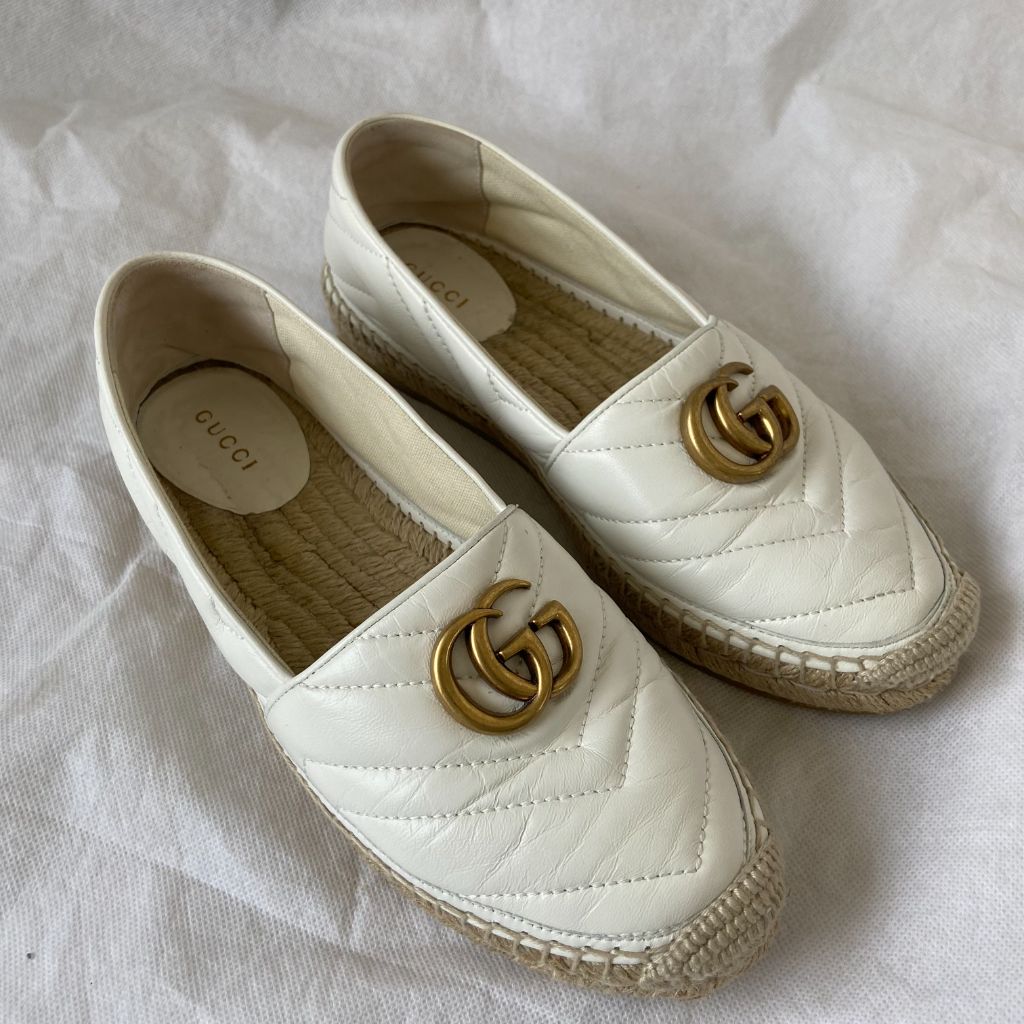 Gucci White Leather GG Marmont Espadrille Flats, 37.5 - BOPF | Business of Preloved Fashion